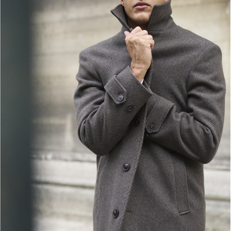 Manteau marron laine sergée col chemise carcoat